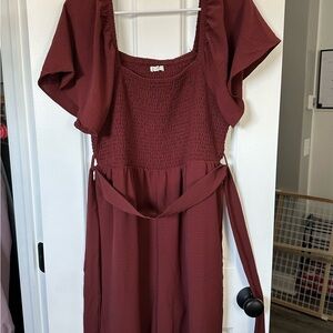 Maroon jumpsuit.